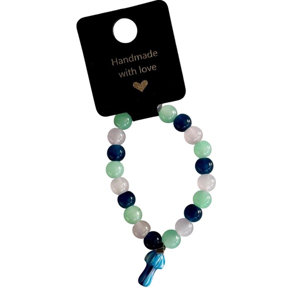 Handmade Beaded Bracelet with Mushroom Charm Green Blue Pink - Picture 1 of 2